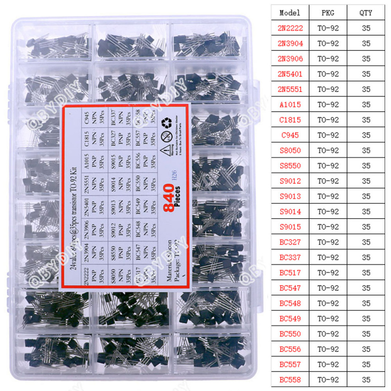840pcs 24Values TO-92 PNP/NPN  - đánh giá và giá Mosfet Transistor Set